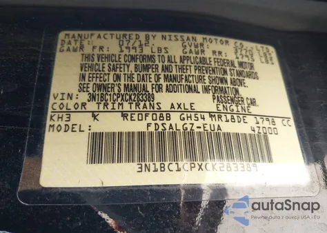 2012 Nissan Versa 1.8 Sl from USA, damaged, VIN 3N1BC1CPXCK283389